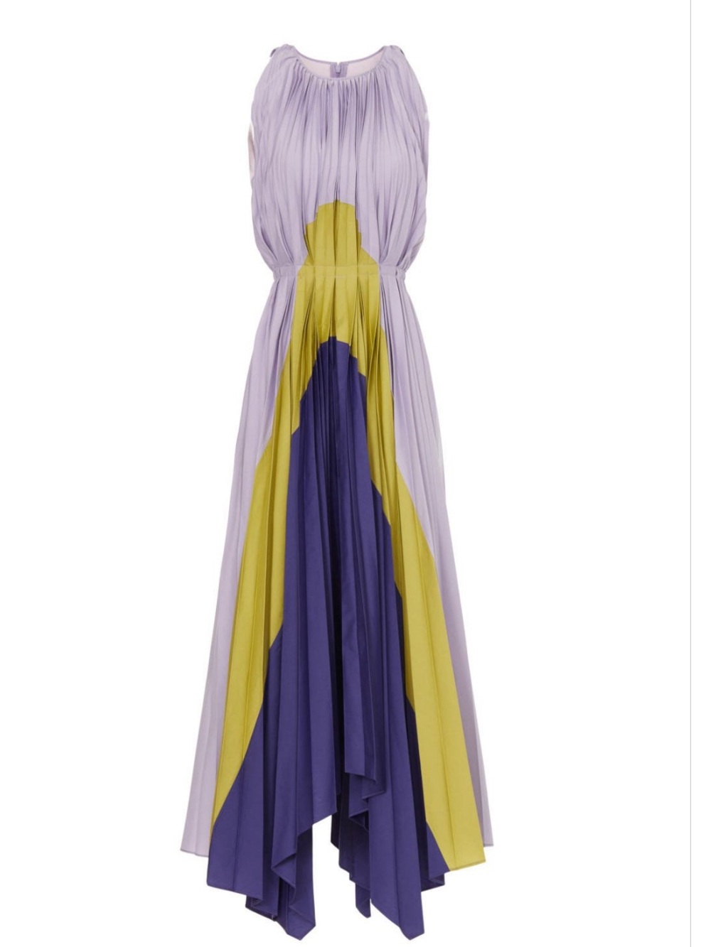 Lavender High-Low Pleated Panel Dress with Yellow & Purple Insets